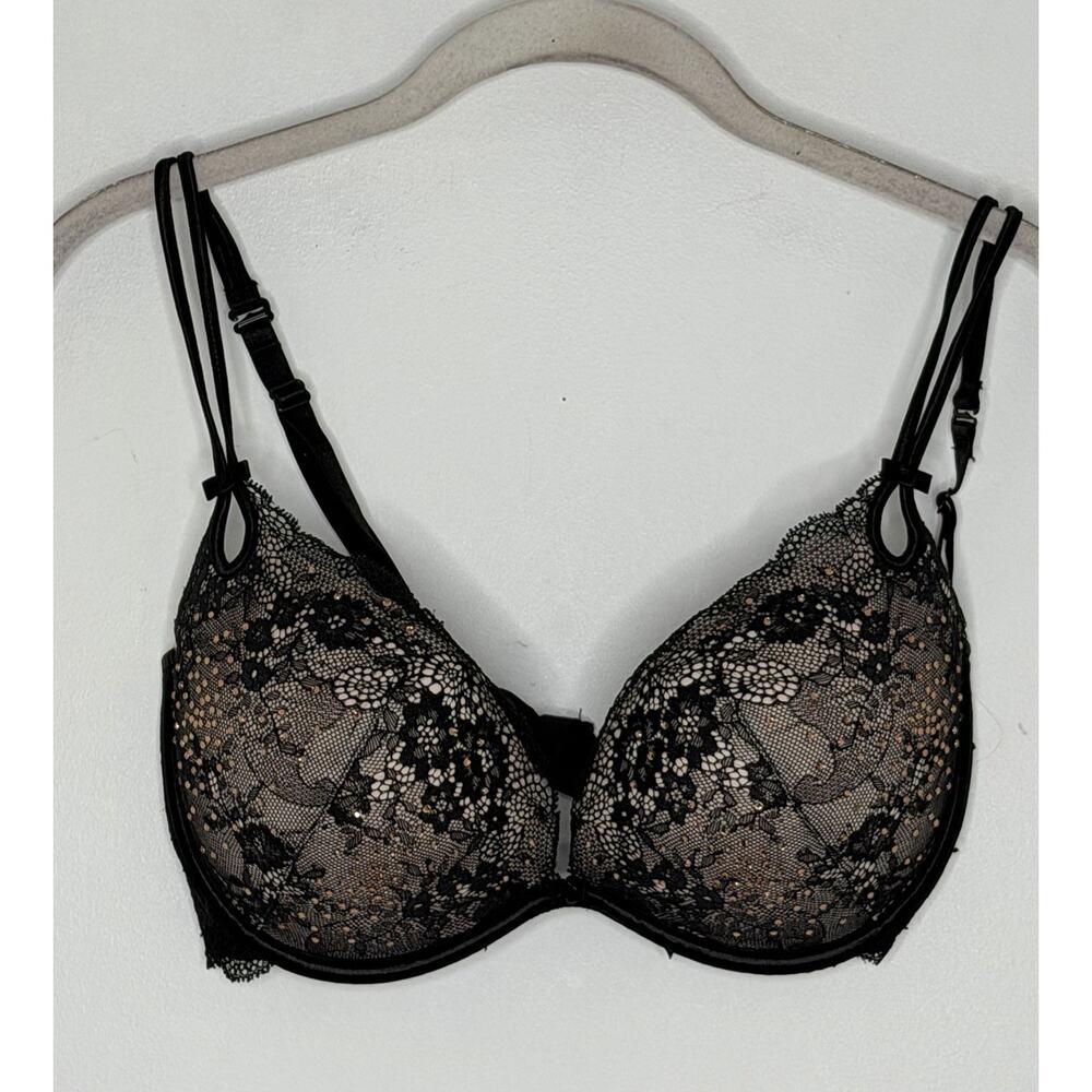 Victoria’s Secret Sexy Little Things Bra 36D Black Lace Rinestones Bling Push Up - Picture 4 of 7